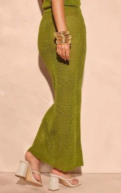 Khaki Crochet Floral Knit Maxi Skirt