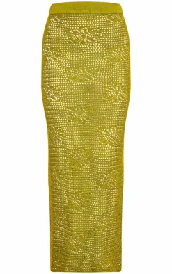 Khaki Crochet Floral Knit Maxi Skirt