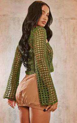 Khaki Crochet Knitted Sequin Long Sleeve Top