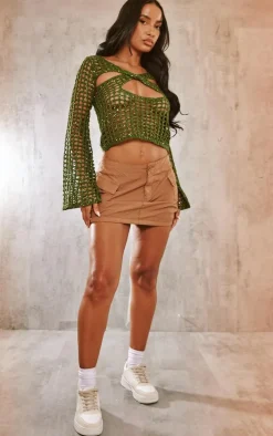 Khaki Crochet Knitted Sequin Long Sleeve Top