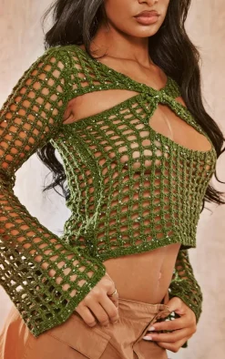 Khaki Crochet Knitted Sequin Long Sleeve Top