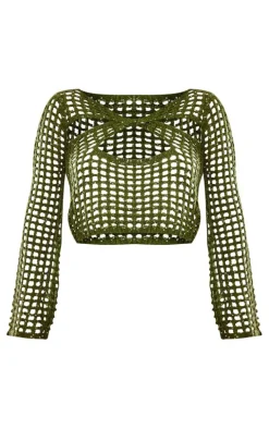 Khaki Crochet Knitted Sequin Long Sleeve Top