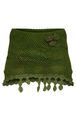 Khaki Crochet Look Rose Applique Mini Skirt