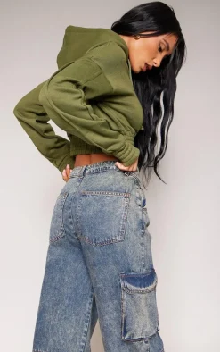 Khaki Cropped Elasticated Hem Hoodie