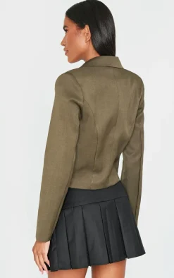 Khaki Cropped Patch Pocket Detail Boxy Blazer