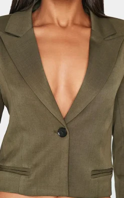 Khaki Cropped Patch Pocket Detail Boxy Blazer