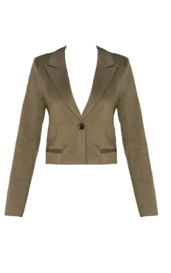 Khaki Cropped Patch Pocket Detail Boxy Blazer