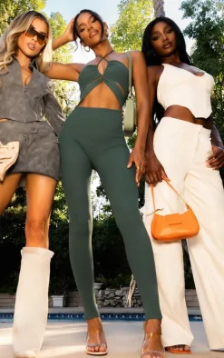 Khaki Cross Front Rib Knit Jumpsuit