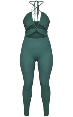 Khaki Cross Front Rib Knit Jumpsuit