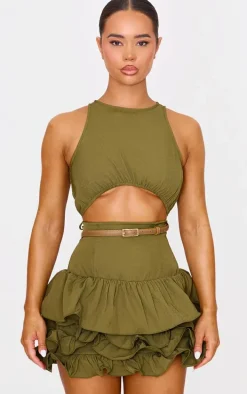 Khaki Cut Out Belted Frill Hem Mini Dress