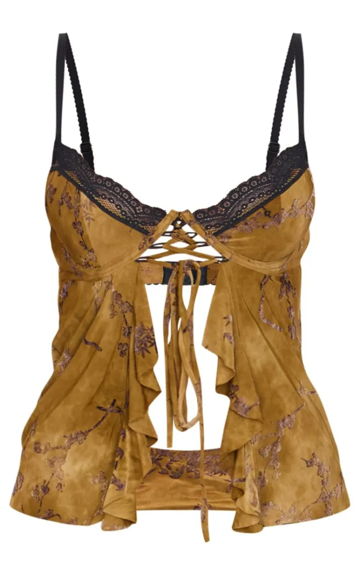 Khaki Devore Lace Trim Strappy Long Top