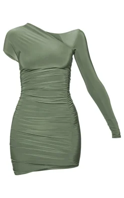 Khaki Double Layer Slinky Ruched Asymmetrical Bodycon Dress