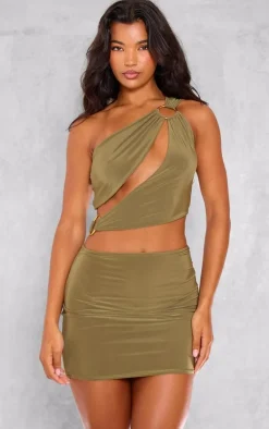 Khaki Double Layer Slinky Trim Detail Mini Dress
