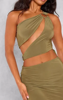 Khaki Double Layer Slinky Trim Detail Mini Dress
