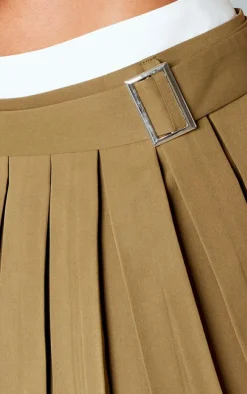 Khaki Double Waistband Belted Skater Skirt