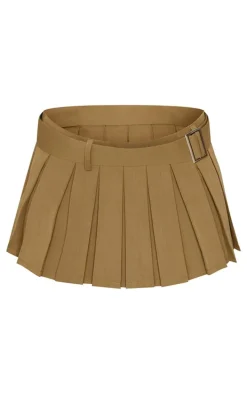 Khaki Double Waistband Belted Skater Skirt