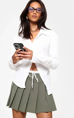 Khaki Drawstring Double Waistband Tailored Pleated Mini Skirt