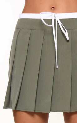 Khaki Drawstring Double Waistband Tailored Pleated Mini Skirt