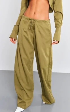 Khaki Drawstring Oversized Straight Leg Pants