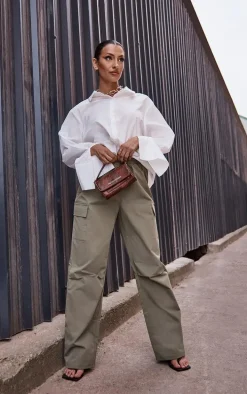 Khaki Elasticated Waist Straight Leg Cargo Pants