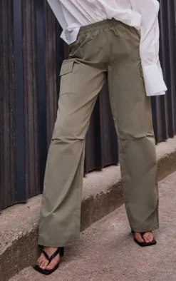 Khaki Elasticated Waist Straight Leg Cargo Pants