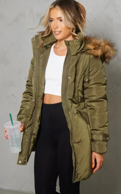Khaki Faux Fur Hooded Elasticated Waist Longline Parka