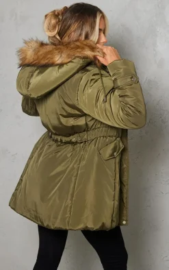 Khaki Faux Fur Hooded Elasticated Waist Longline Parka
