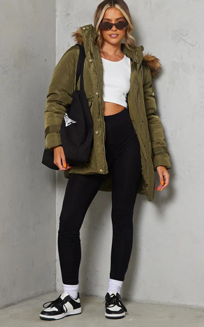 Khaki Faux Fur Hooded Elasticated Waist Longline Parka