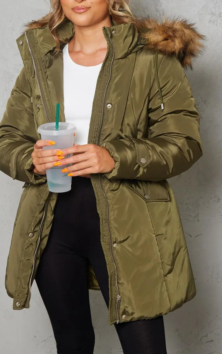 Khaki Faux Fur Hooded Elasticated Waist Longline Parka