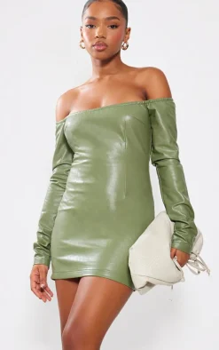 Khaki Faux Leather Bardot Long Sleeve Shift Dress