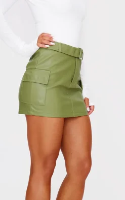 Khaki Faux Leather Belted Mini Skirt