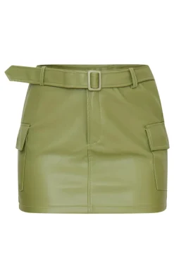 Khaki Faux Leather Belted Mini Skirt