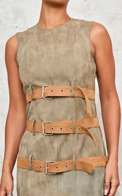 Khaki Faux Leather Belted Bodycon Dress