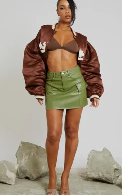Khaki Faux Leather Cargo Micro Mini Skirt