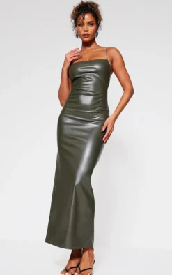 Khaki Faux Leather Spaghetti Strap Midi Dress