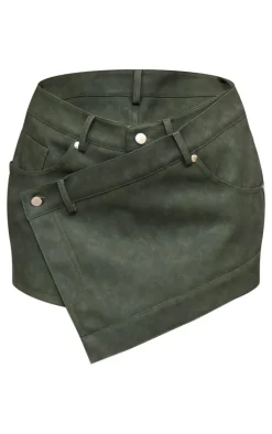 Khaki Faux Leather Wrap Detail Skort