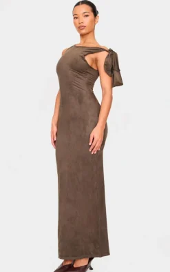 Khaki Faux Suede Knot Drape Maxi Dress