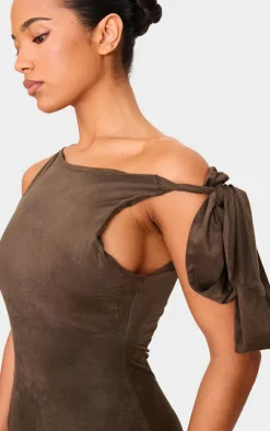 Khaki Faux Suede Knot Drape Maxi Dress