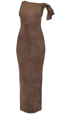 Khaki Faux Suede Knot Drape Maxi Dress