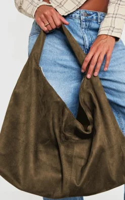 Khaki Faux Suede Oversized Slouchy Tote Bag
