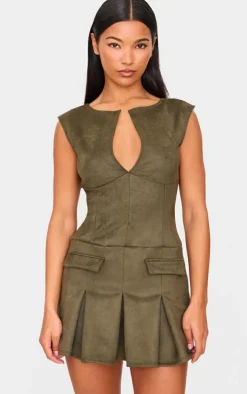 Khaki Faux Suede Pleated Pocket Detail Shift Dress