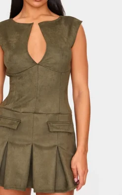 Khaki Faux Suede Pleated Pocket Detail Shift Dress