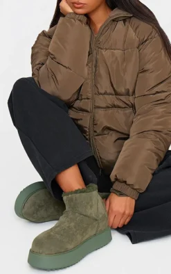 Khaki Faux Suede Round Toe Thick Flat Sole Ankle Boots