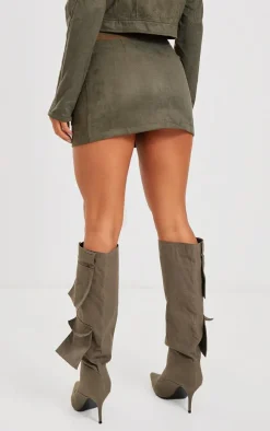 Khaki Faux Suede Wrap Micro Mini Skirt