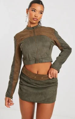 Khaki Faux Suede Wrap Micro Mini Skirt