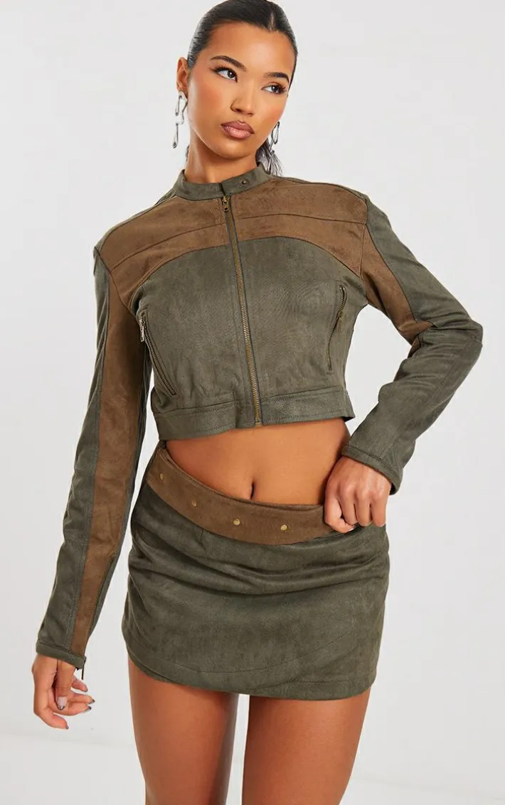 Khaki Faux Suede Wrap Micro Mini Skirt