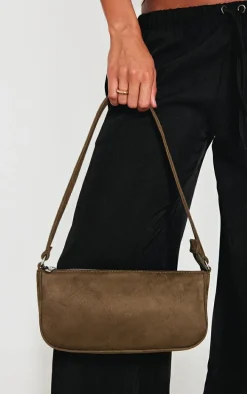 Khaki Faux Suede Zip Shoulder Bag