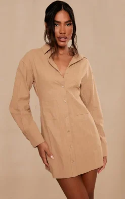 Khaki Fitted Premium Linen Look Shirt Dress