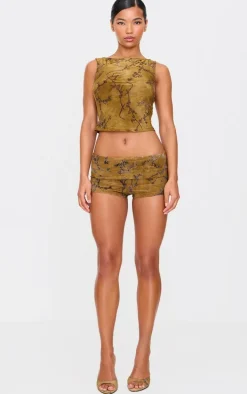 Khaki Floral Print Devore Low Rise Hot Pants