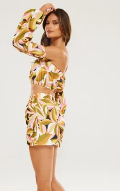 Khaki Floral Print Linen Look Bardot Puff Sleeve Beach Top